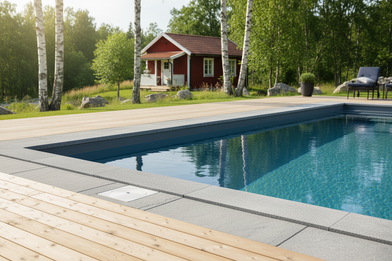 Pool som visar poolkantsten i färgen crystal black med en uppblåsbar haj i poolen