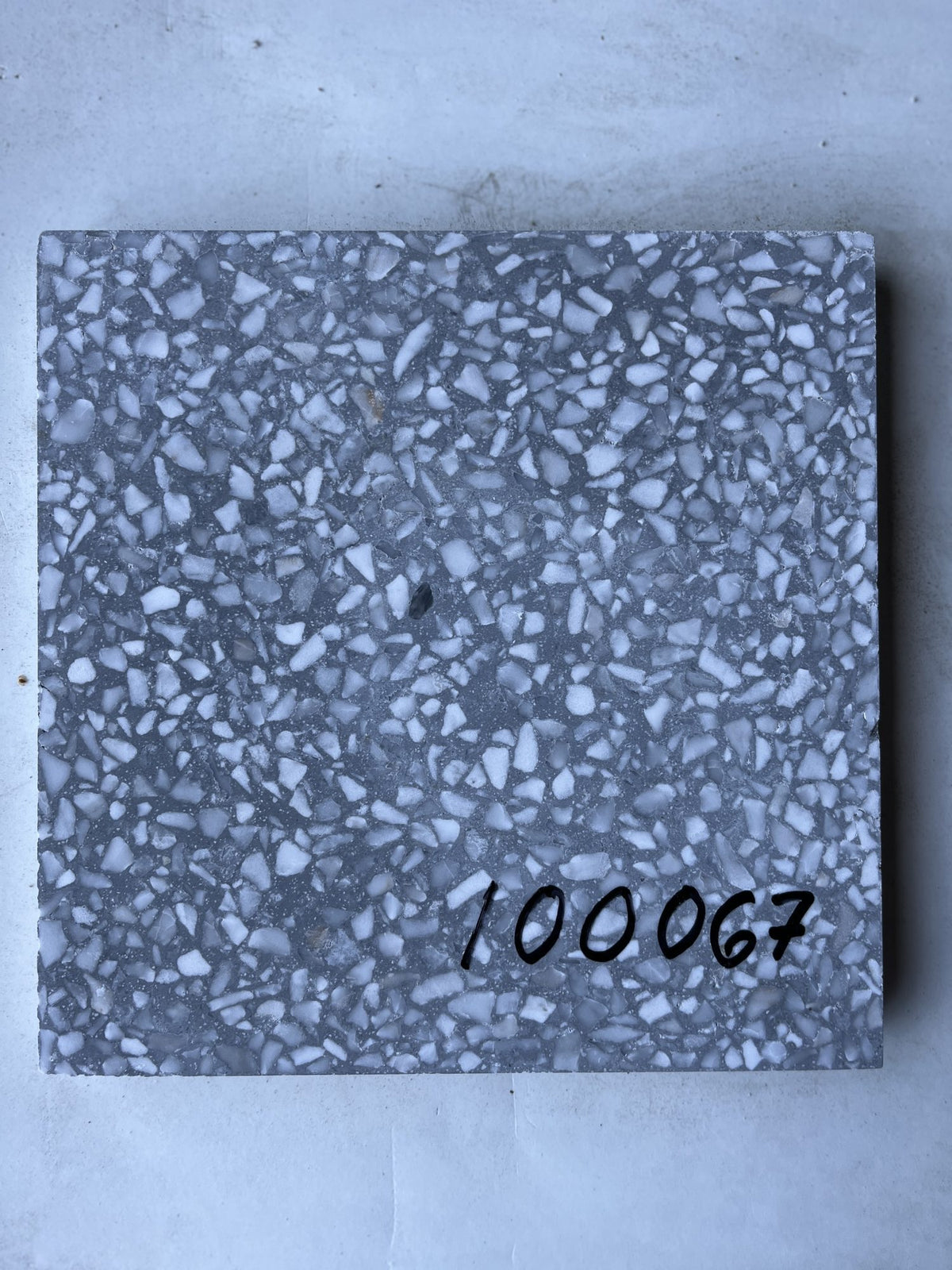 Äkta Italiensk Terazzo - 250x250x24 - Marmorbaserad - Mörkgrå bas med finkornig ljus marmorering