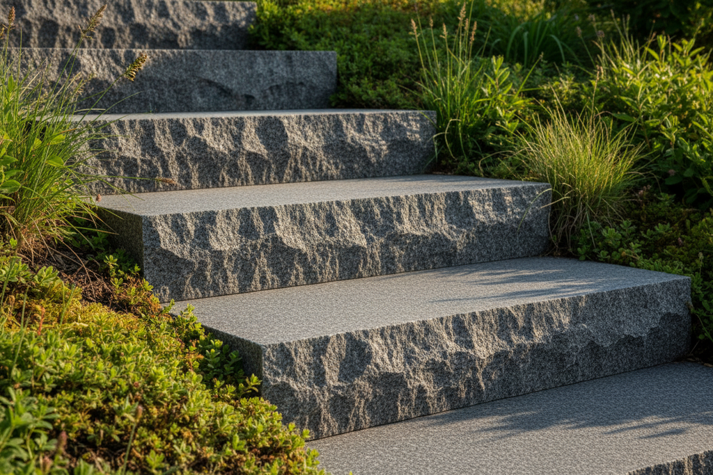 Blocksteg - 2000x350x170mm - Grå granit - Flammad topp & Råkilad front