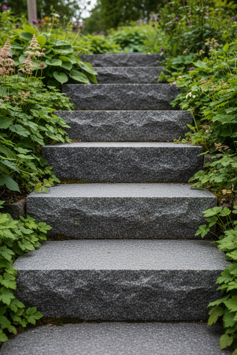 Blocksteg - 2000x350x170mm - Grå granit - Flammad topp & Råkilad front