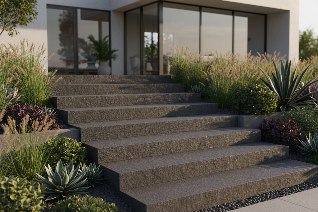 Blocksteg (3st) - 1200x350x150 - Antracite granit - Flammad & Råkilad front