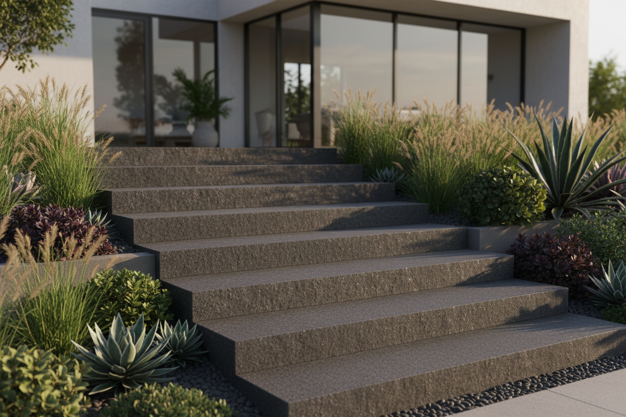Blocksteg (3st) - 1200x350x150 - Antracite granit - Flammad & Råkilad front