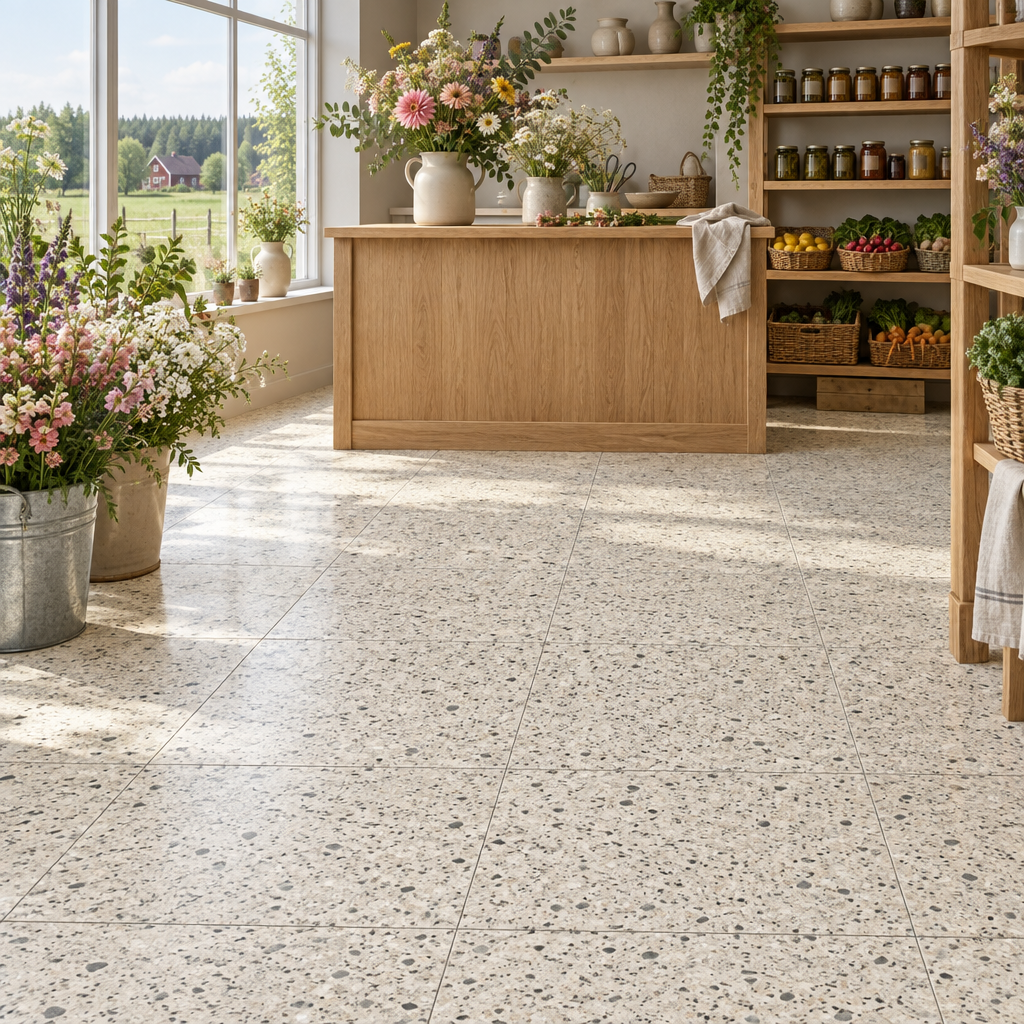 Äkta Italiensk Terrazzo – 300x300x16 - Marmorbaserad - Restparti om 21,58m2 - Sandfärgad