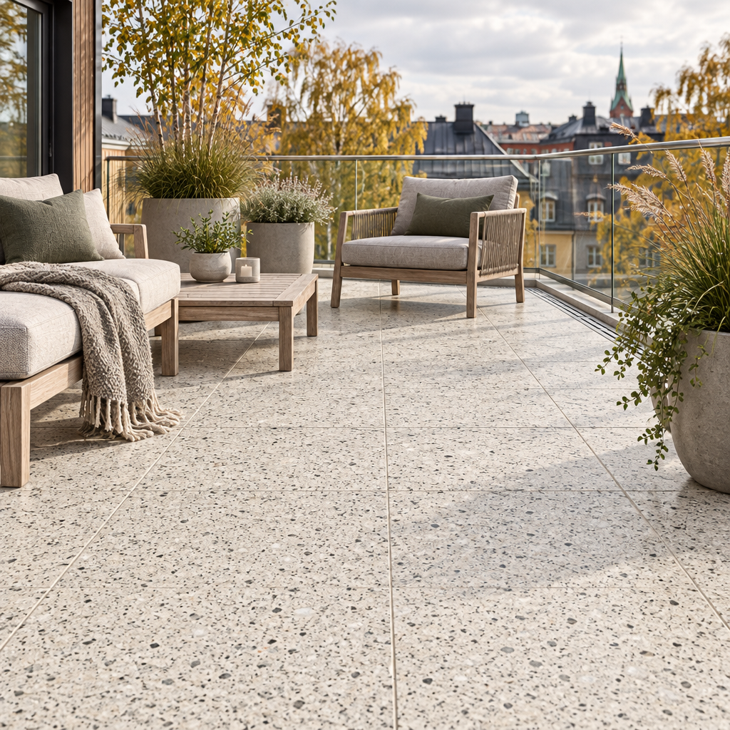 Äkta Italiensk Terrazzo – 300x300x16 - Marmorbaserad - Restparti om 21,58m2 - Sandfärgad