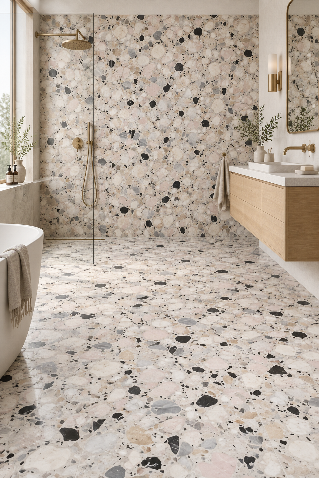 Ljus rosa terrazzo som golv och fondvägg i badrum