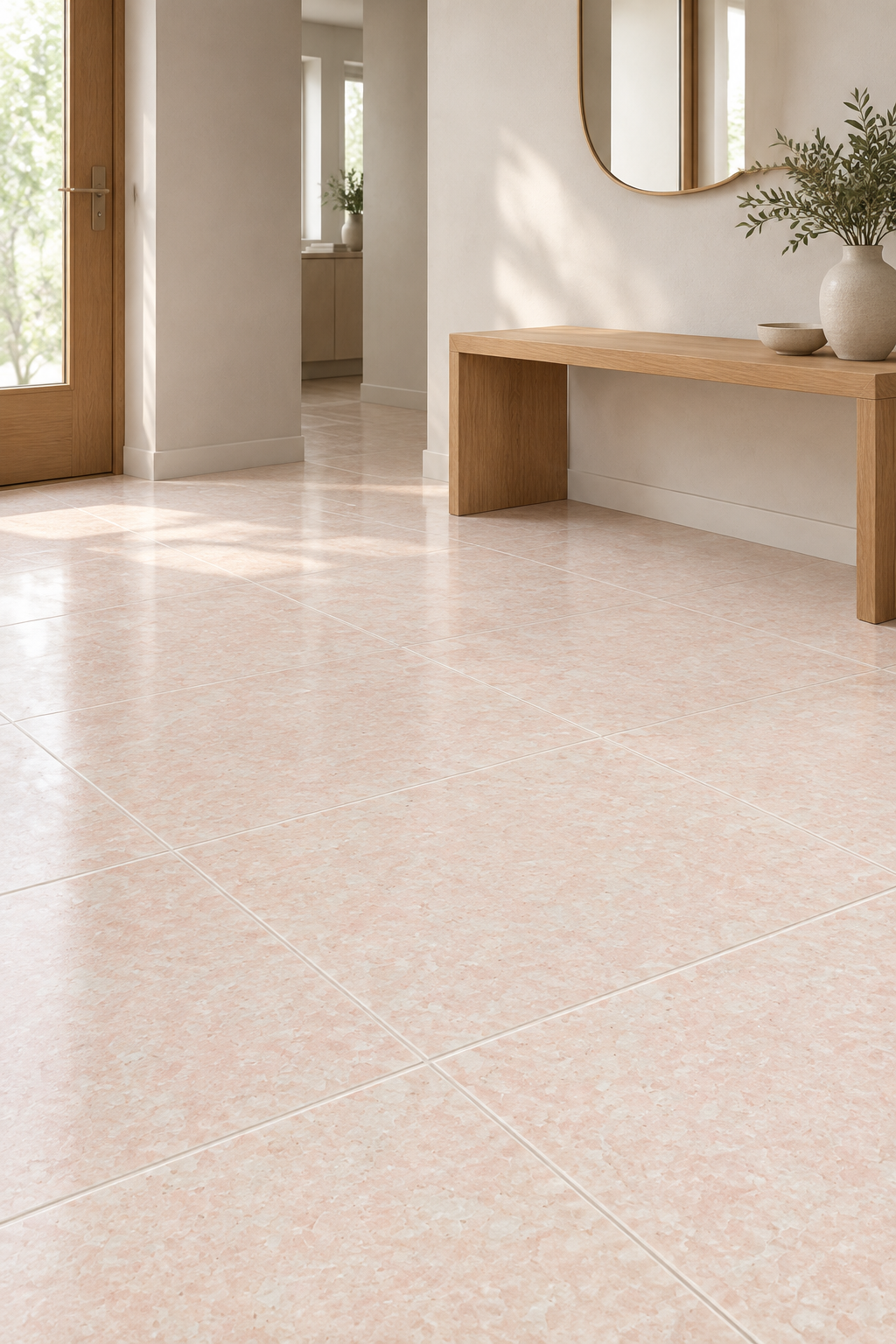 Äkta Italiensk Terazzo (Quarzo) - 300x300x20 - Kvartzbaserad - 13m2 - Ljus bas med rosa marmorering