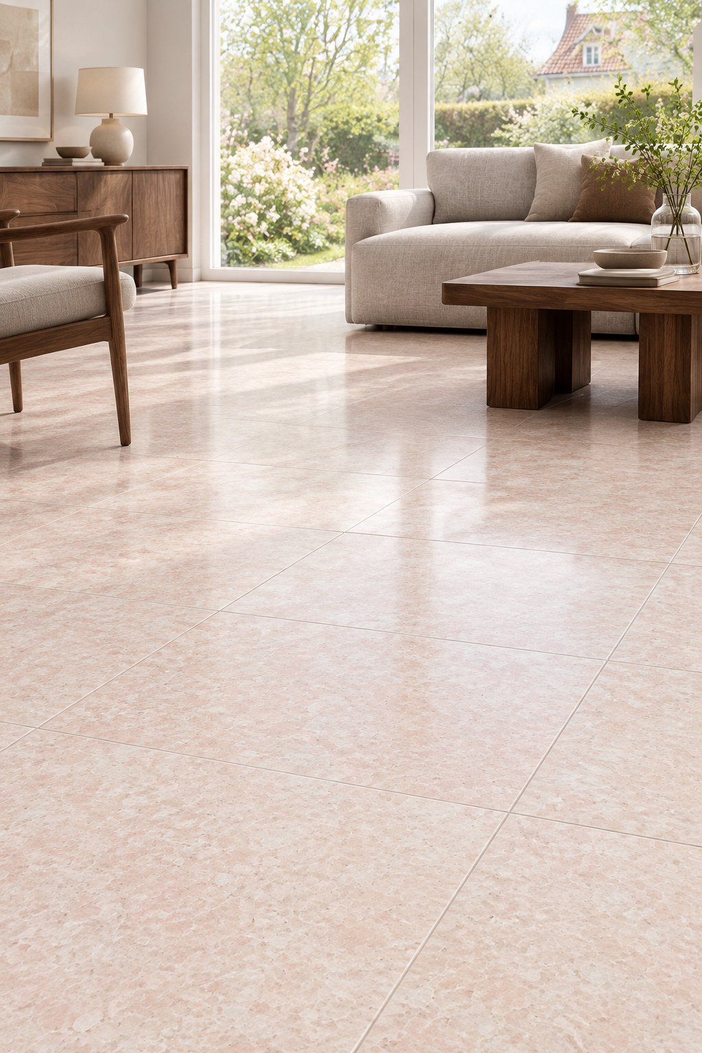 Äkta Italiensk Terazzo (Quarzo) - 300x300x20 - Kvartzbaserad - 13m2 - Ljus bas med rosa marmorering