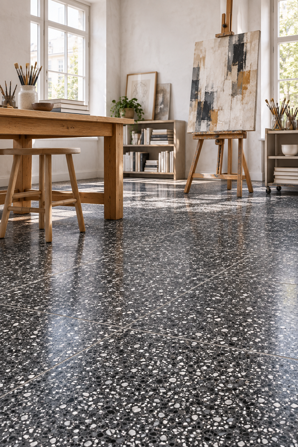 Äkta Italiensk Terazzo  - 400x400x20 - Marmor och granit - Parti om 11m2 - Antracite med vit och svart marmorering