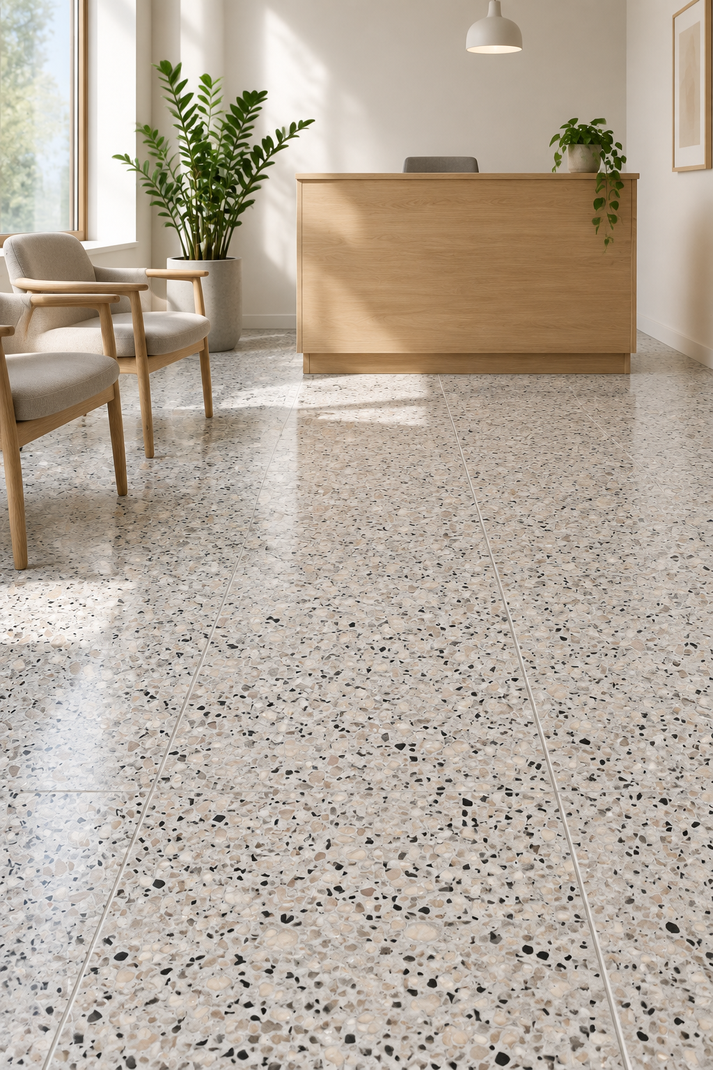 Äkta Italiensk Terrazzo – Restparti om 17m2 - 300x300x16 - Ljusgrå med inslag av beige och rosa